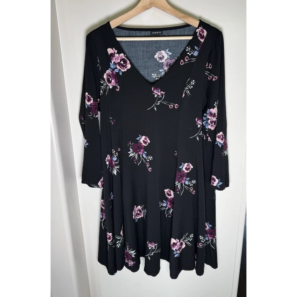 Torrid Black Floral Dress Plus Size 1 Long Sleeve Trapeze Feminine Romantic